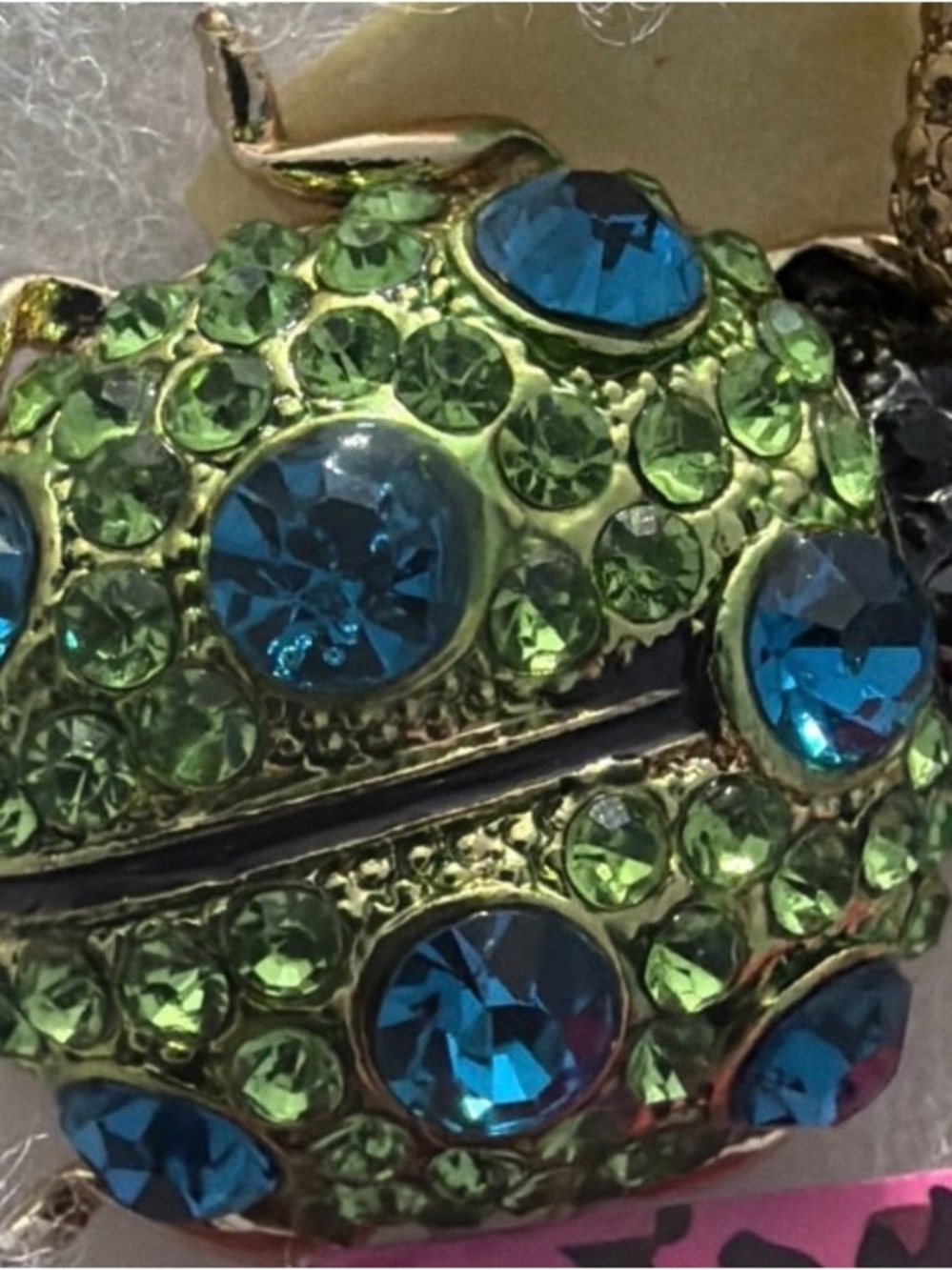 Betsey Johnson Blue and Green Crystal Beetle Necklace Pendant
